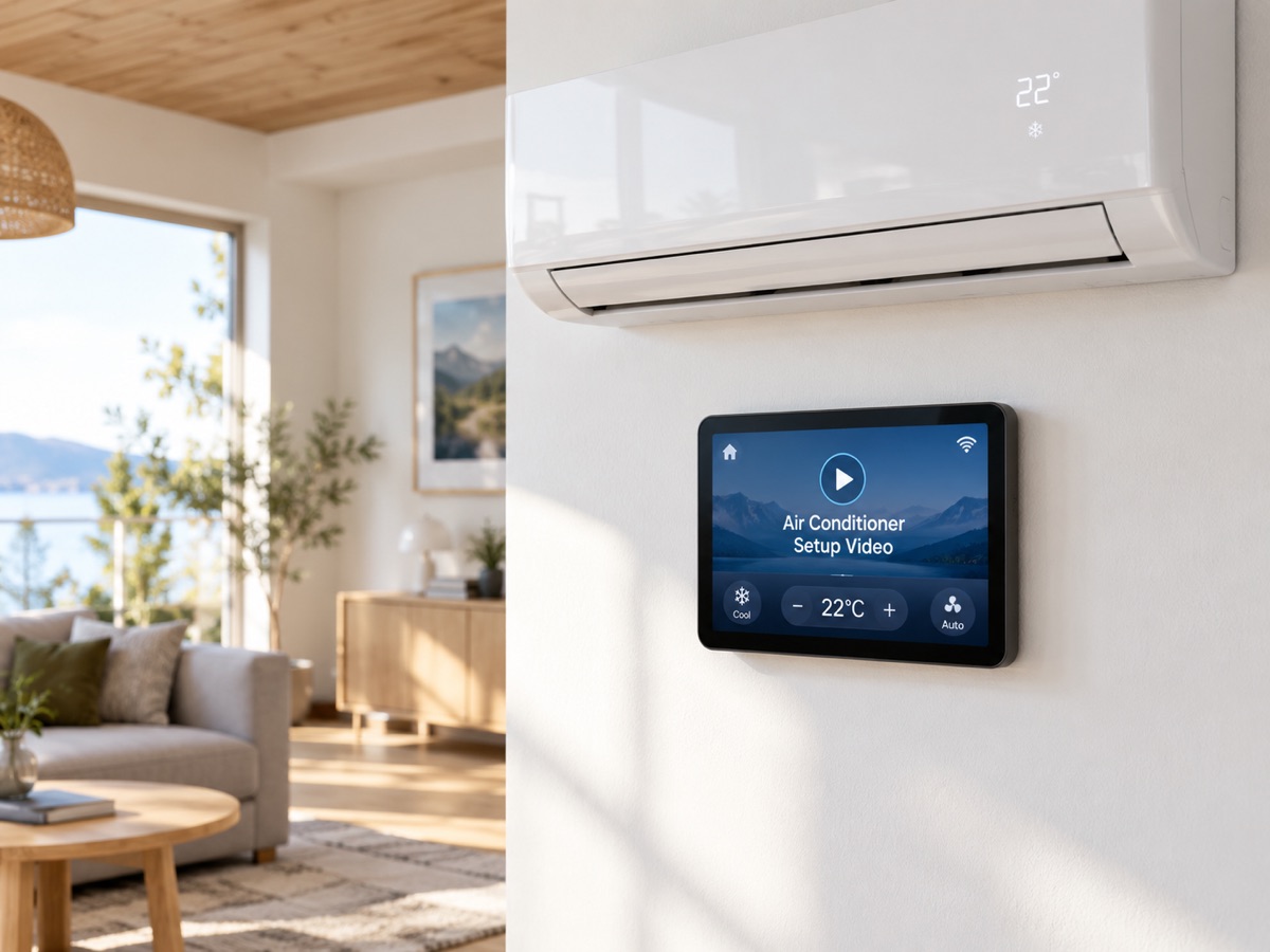StayGuide screen mounted below a wall-mounted mini-split air conditioner, showing an Air Conditioner Setup Video and a 22°C temperature control