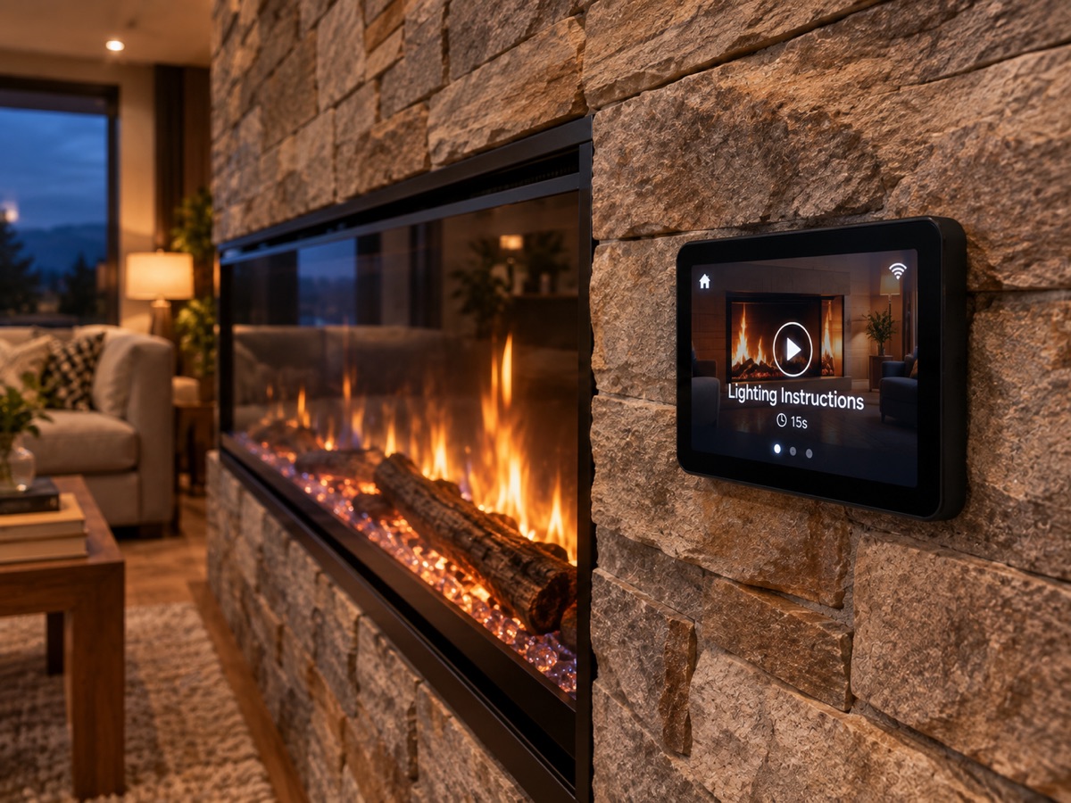 StayGuide screen mounted on the stone surround of a lit modern fireplace, showing 15-second Lighting Instructions