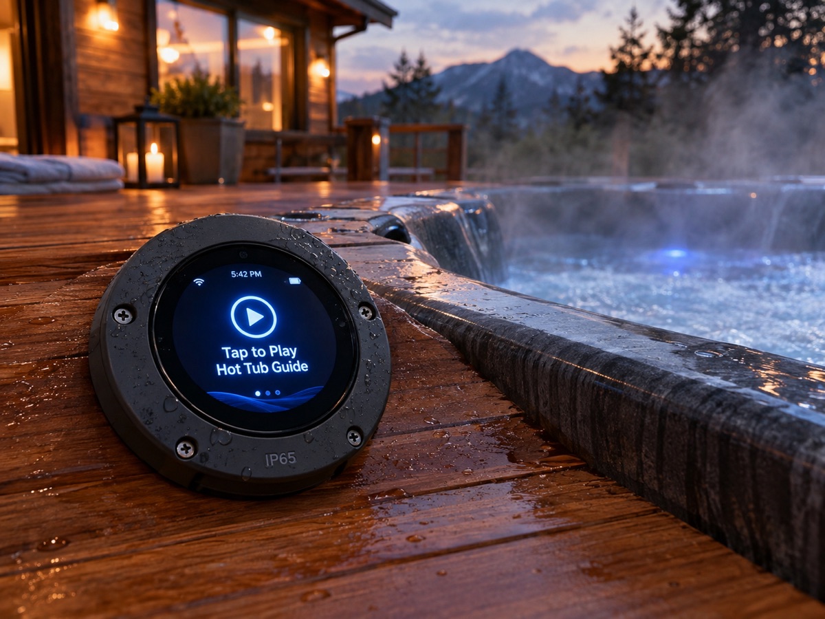 Round waterproof StayGuide screen on a wet hot tub deck at dusk, showing Tap to Play Hot Tub Guide