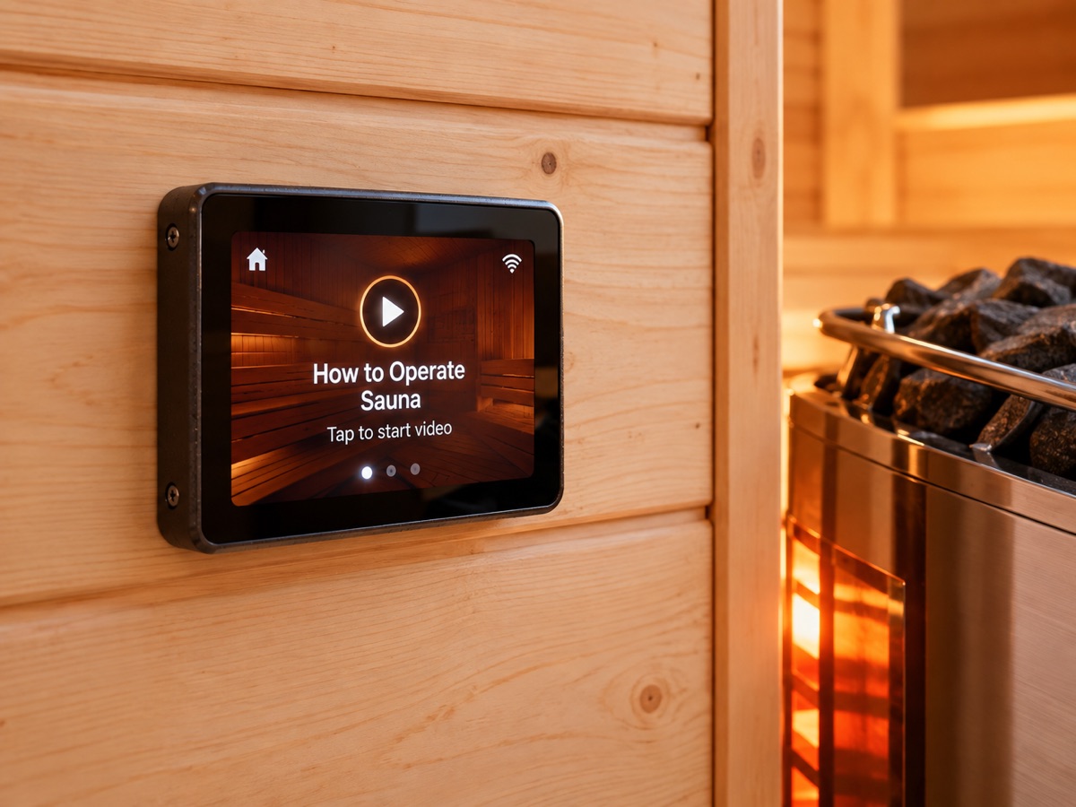 StayGuide screen mounted on the cedar wall of a sauna beside the heater, showing How to Operate Sauna with a tap-to-start video