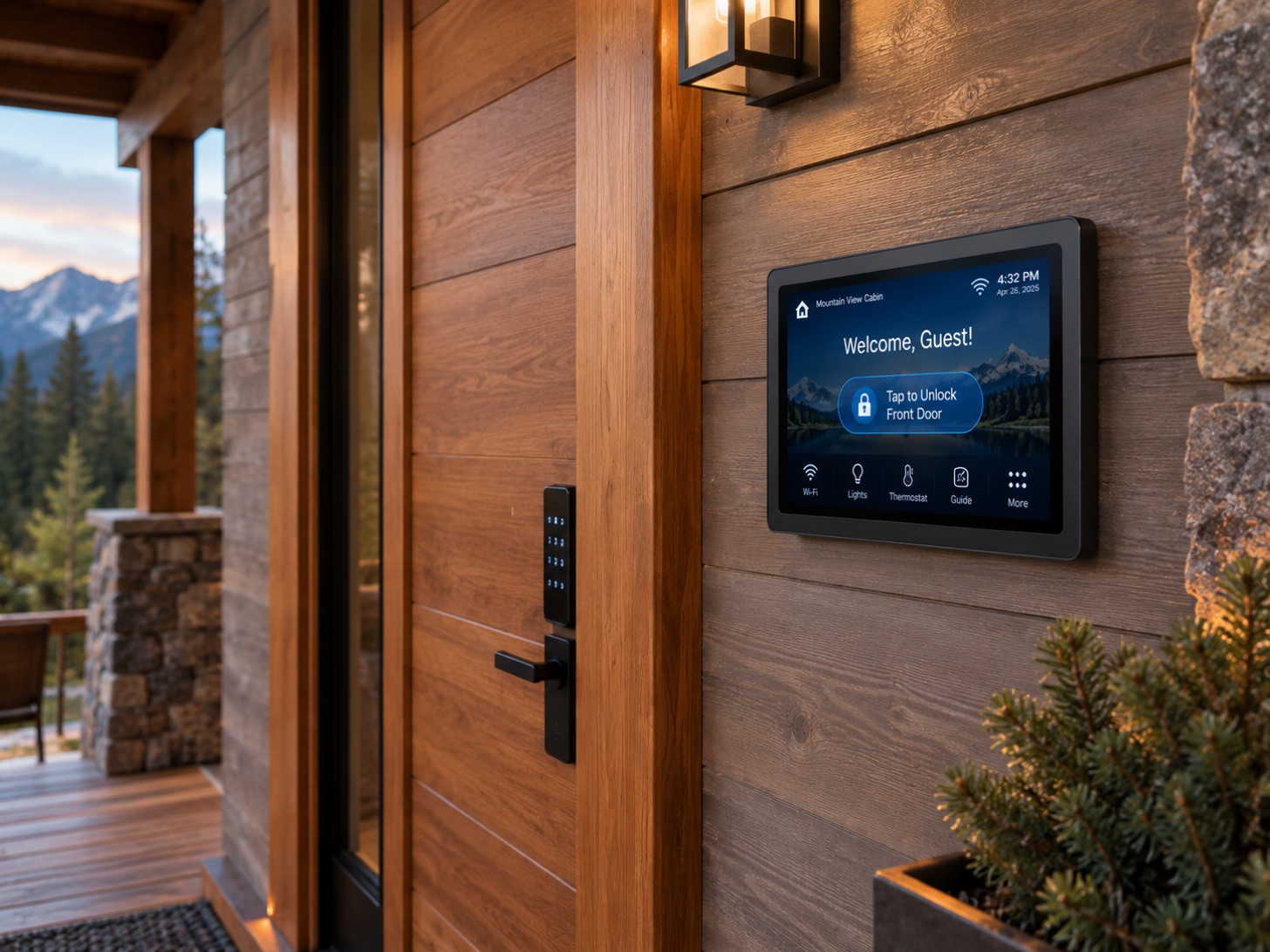 StayGuide main console mounted on the wood siding beside a cabin's front door, showing a Welcome, Guest! screen with a Tap to Unlock Front Door button next to a keypad smart lock